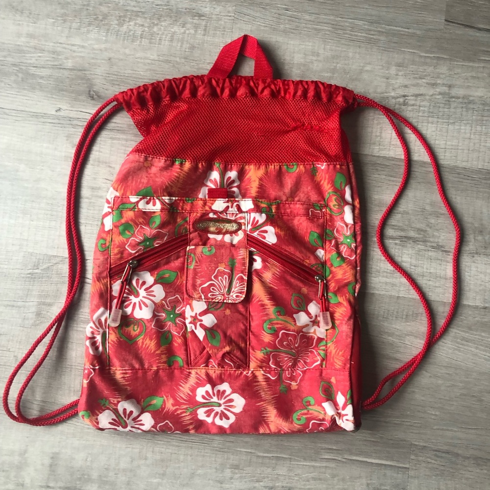 Hawaiian print red string bag